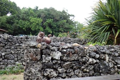 沖縄県 竹富島 竹富島町並み保存地区 石垣の上のシーサー