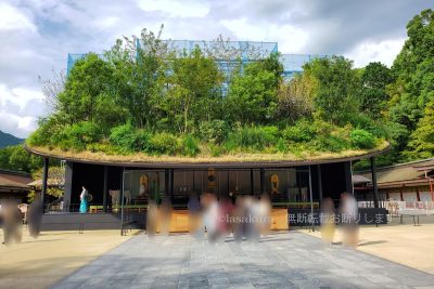 福岡県 太宰府天満宮の本殿は工事中。屋根の上に森？